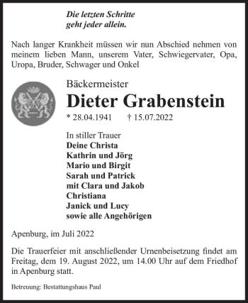 Traueranzeige von Dieter Grabenstein  von Magdeburger Volksstimme