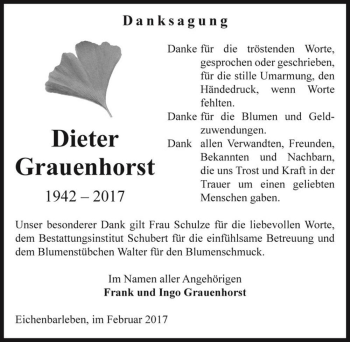 Traueranzeige von Dieter Grauenhorst  von Magdeburger Volksstimme