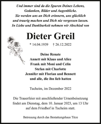 Traueranzeige von Dieter Greil  von Magdeburger Volksstimme