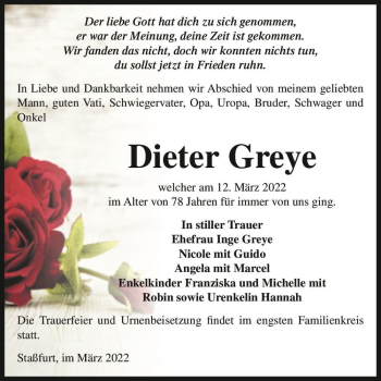 Traueranzeige von Dieter Greye  von Magdeburger Volksstimme