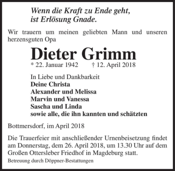 Traueranzeige von Dieter Grimm  von Magdeburger Volksstimme