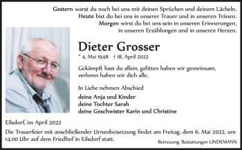 Traueranzeige von Dieter Grosser  von Magdeburger Volksstimme