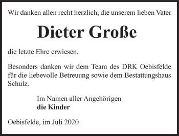 Traueranzeige von Dieter Große  von Magdeburger Volksstimme