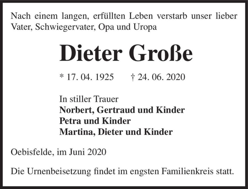 Traueranzeige für Dieter Große  vom 27.06.2020 aus Magdeburger Volksstimme