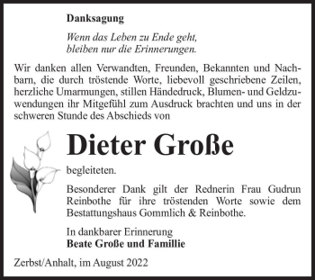Traueranzeige von Dieter Große  von Magdeburger Volksstimme