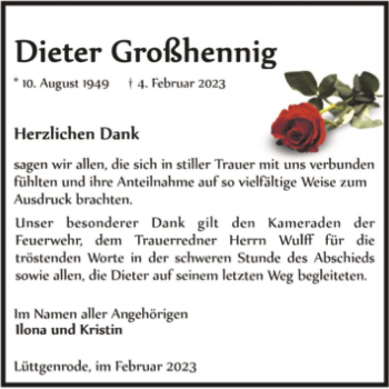 Traueranzeige von Dieter Großhennig  von Magdeburger Volksstimme
