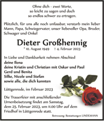 Traueranzeige von Dieter Großhennig  von Magdeburger Volksstimme