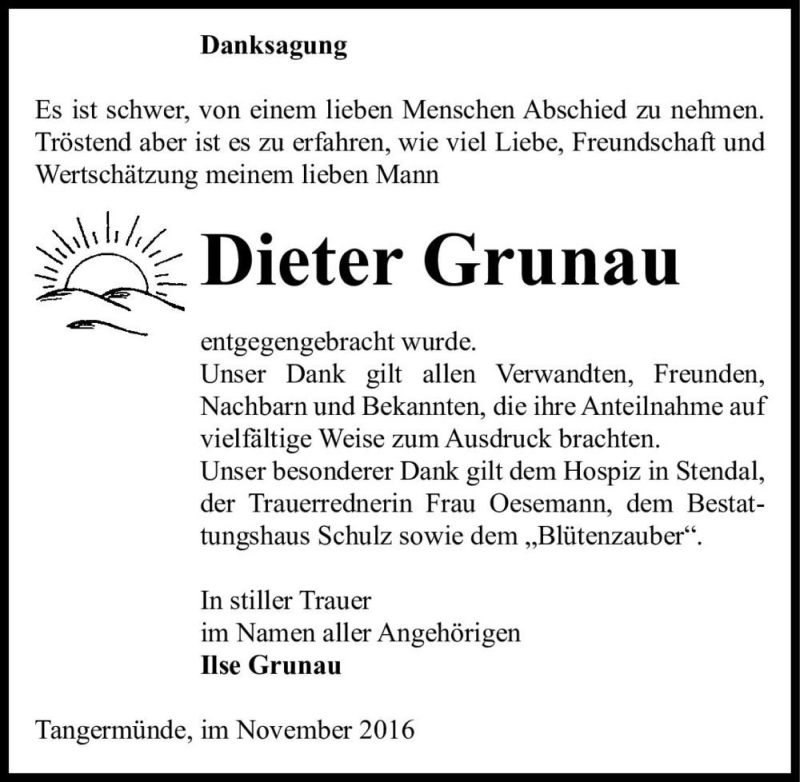  Traueranzeige für Dieter Grunau  vom 11.11.2016 aus Magdeburger Volksstimme