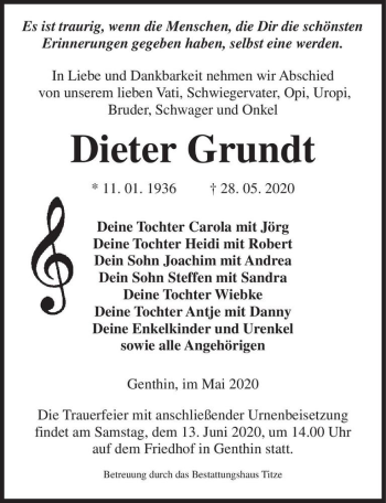Traueranzeige von Dieter Grundt  von Magdeburger Volksstimme