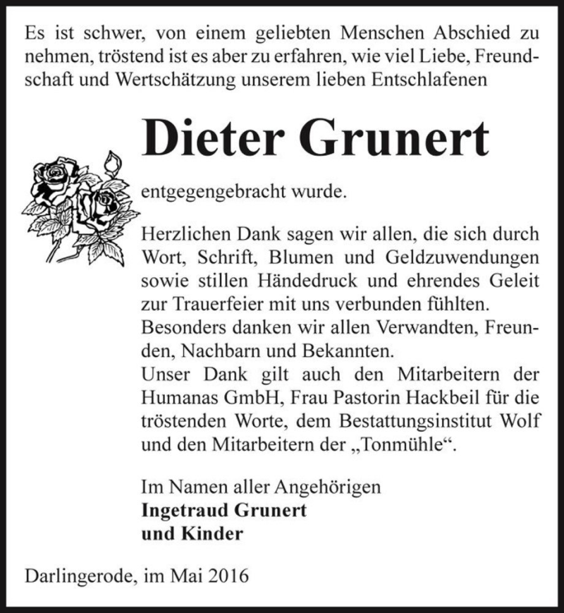  Traueranzeige für Dieter Grunert  vom 07.05.2016 aus Magdeburger Volksstimme