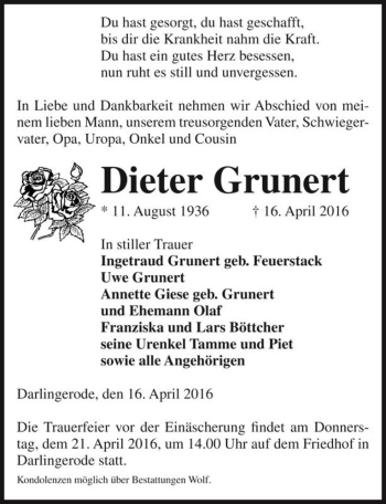 Traueranzeige von Dieter Grunert  von Magdeburger Volksstimme