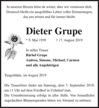 Traueranzeige von Dieter Grupe  von Magdeburger Volksstimme