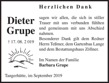 Traueranzeige von Dieter Grupe  von Magdeburger Volksstimme