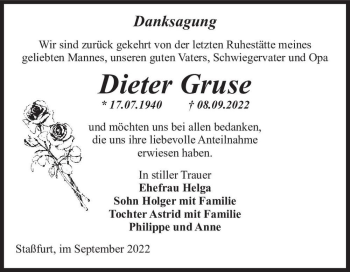 Traueranzeige von Dieter Gruse  von Magdeburger Volksstimme