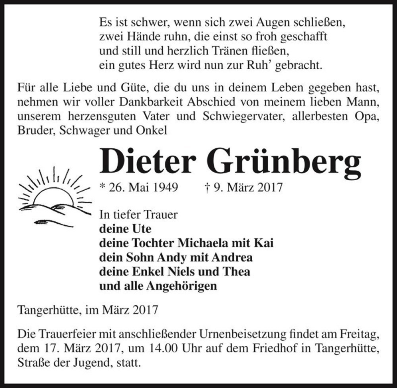  Traueranzeige für Dieter Grünberg  vom 11.03.2017 aus Magdeburger Volksstimme