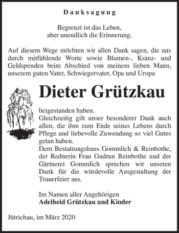 Traueranzeige von Dieter Grützkau  von Magdeburger Volksstimme