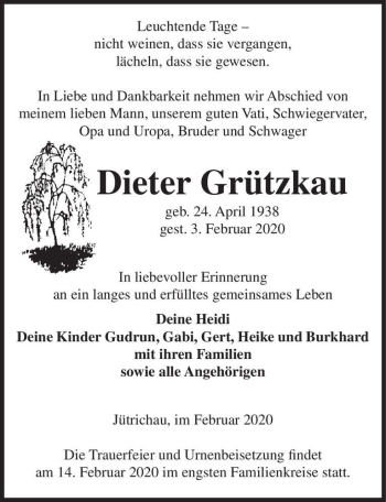 Traueranzeige von Dieter Grützkau  von Magdeburger Volksstimme
