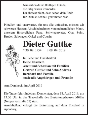 Traueranzeige von Dieter Guttke  von Magdeburger Volksstimme