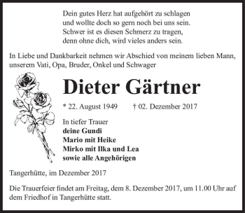 Traueranzeige von Dieter Gärtner  von Magdeburger Volksstimme