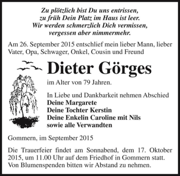 Traueranzeige von Dieter Görges  von Magdeburger Volksstimme