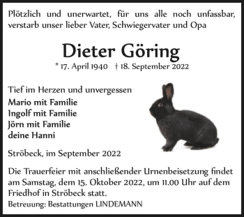 Traueranzeige von Dieter Göring  von Magdeburger Volksstimme