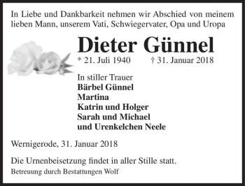 Traueranzeige von Dieter Günnel  von Magdeburger Volksstimme