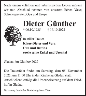 Traueranzeige von Dieter Günther  von Magdeburger Volksstimme