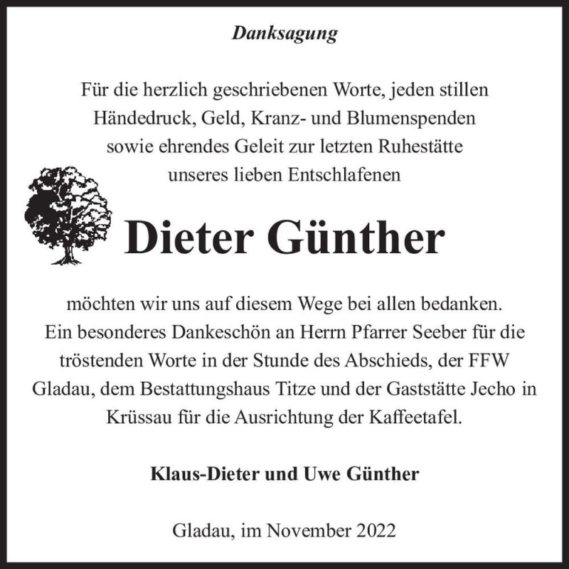  Traueranzeige für Dieter Günther  vom 12.11.2022 aus Magdeburger Volksstimme