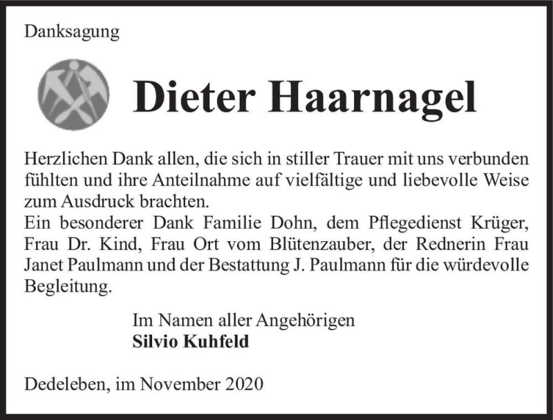  Traueranzeige für Dieter Haarnagel  vom 14.11.2020 aus Magdeburger Volksstimme