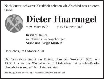 Traueranzeige von Dieter Haarnagel  von Magdeburger Volksstimme
