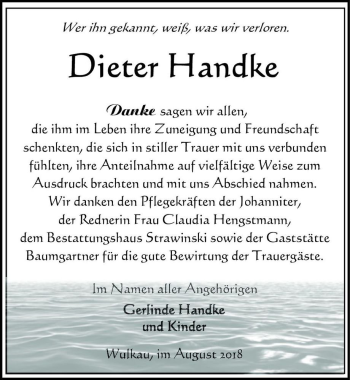 Traueranzeige von Dieter Handke  von Magdeburger Volksstimme