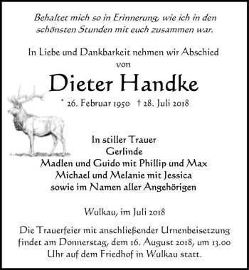 Traueranzeige von Dieter Handke  von Magdeburger Volksstimme