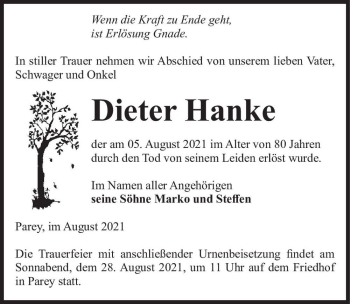 Traueranzeige von Dieter Hanke  von Magdeburger Volksstimme