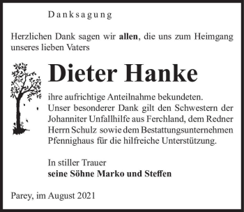 Traueranzeige von Dieter Hanke  von Magdeburger Volksstimme