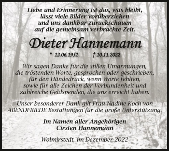 Traueranzeige von Dieter Hannemann  von Magdeburger Volksstimme