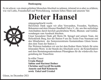 Traueranzeige von Dieter Hansel  von Magdeburger Volksstimme