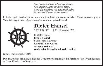 Traueranzeige von Dieter Hansel  von Magdeburger Volksstimme