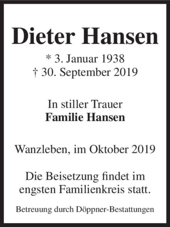Traueranzeige von Dieter Hansen  von Magdeburger Volksstimme