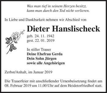 Traueranzeige von Dieter Hanslischeck  von Magdeburger Volksstimme