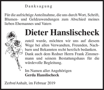 Traueranzeige von Dieter Hanslischeck  von Magdeburger Volksstimme