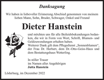 Traueranzeige von Dieter Hanstein  von Magdeburger Volksstimme