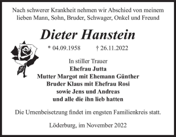 Traueranzeige von Dieter Hanstein  von Magdeburger Volksstimme