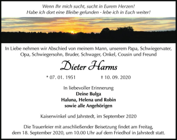 Traueranzeige von Dieter Harms  von Magdeburger Volksstimme