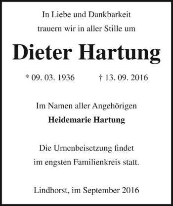 Traueranzeige von Dieter Hartung  von Magdeburger Volksstimme