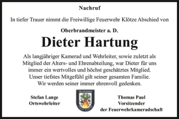 Traueranzeige von Dieter Hartung  von Magdeburger Volksstimme