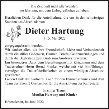 Traueranzeige von Dieter Hartung  von Magdeburger Volksstimme