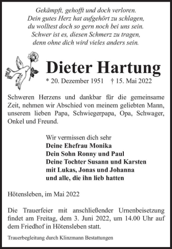 Traueranzeige von Dieter Hartung  von Magdeburger Volksstimme