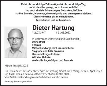 Traueranzeige von Dieter Hartung  von Magdeburger Volksstimme