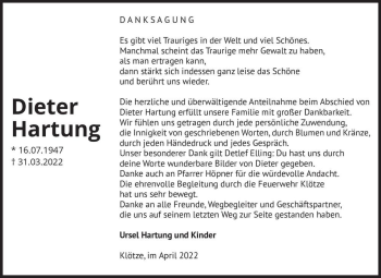 Traueranzeige von Dieter Hartung  von Magdeburger Volksstimme