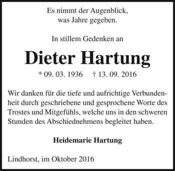 Traueranzeige von Dieter Hartung  von Magdeburger Volksstimme